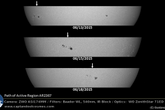 Movimiento del grupo de manchas solares AR2367 observado desde el 13 de junio hasta el 18 de junio de 2015. Crédito: Gustavo Sánchez/Captando el Cosmos